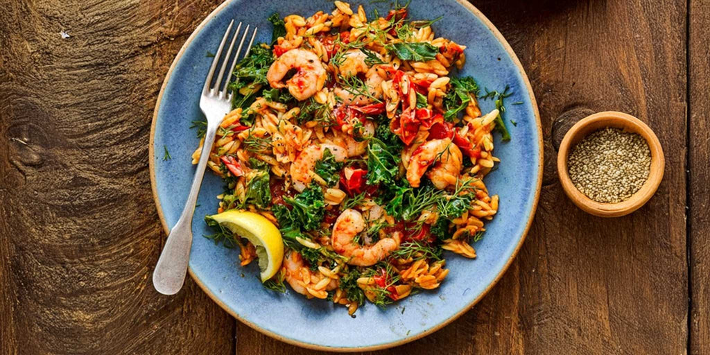 Harissa Prawns with Baked Orzo