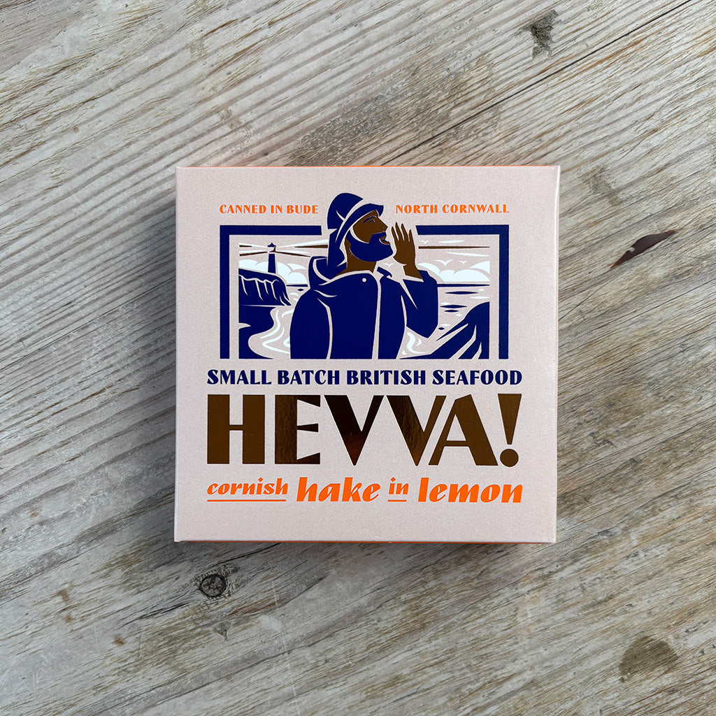 HEVVA! small batch British seafood packaging on a wooden surface
