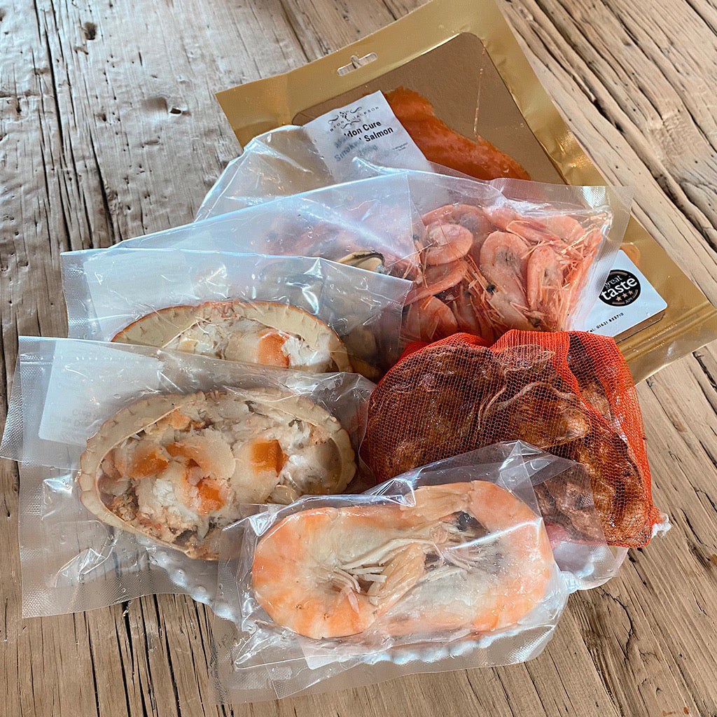 How your seafood platter arrives, all items individually packaged.