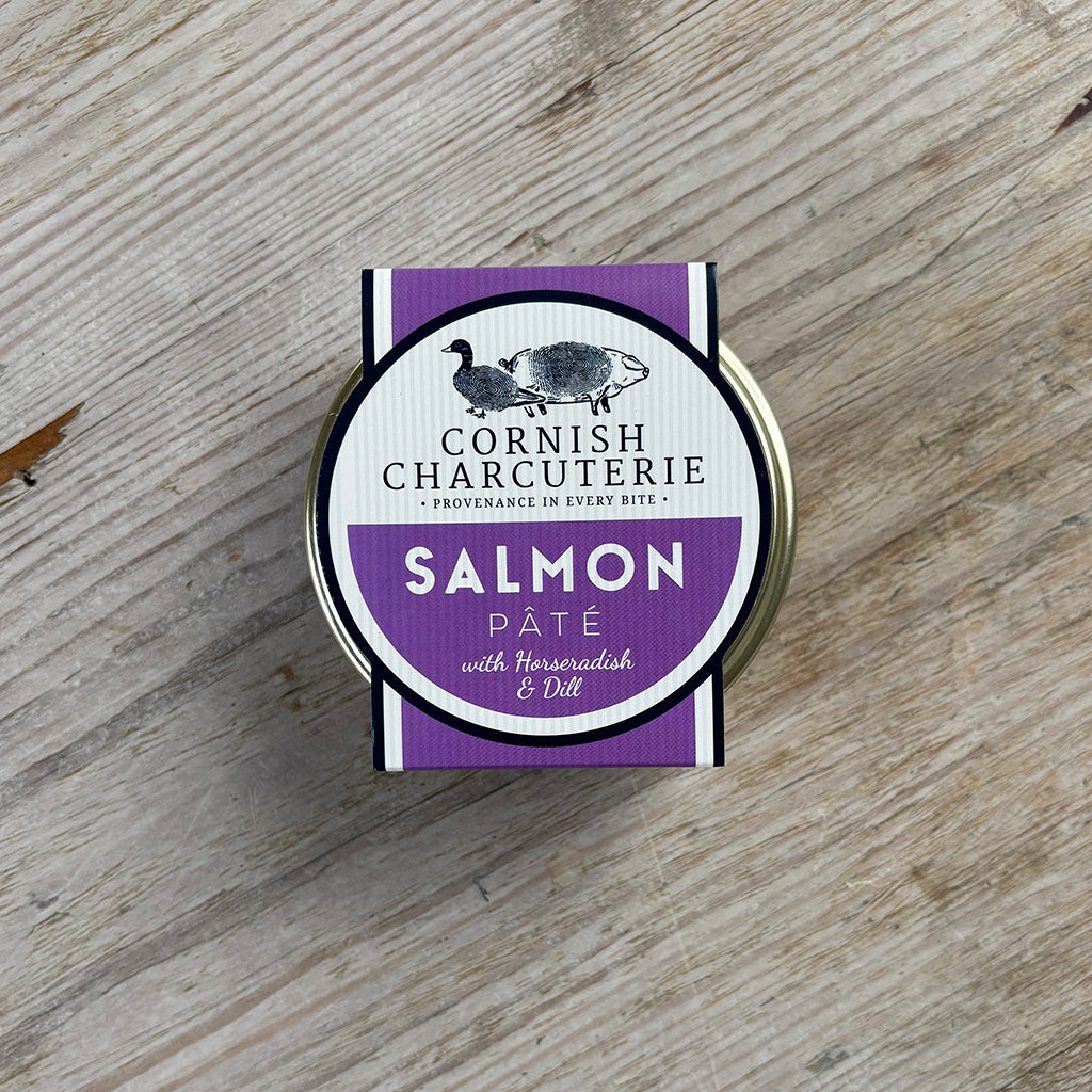 Cornish Charcuterie Salmon Páté container on a wooden surface