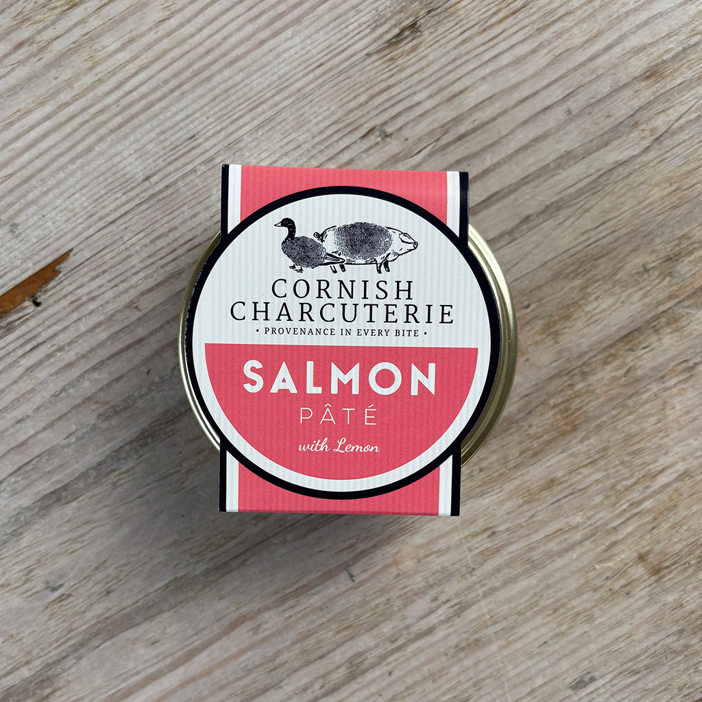 Cornish Charcuterie Salmon Páté packaging on a wooden surface